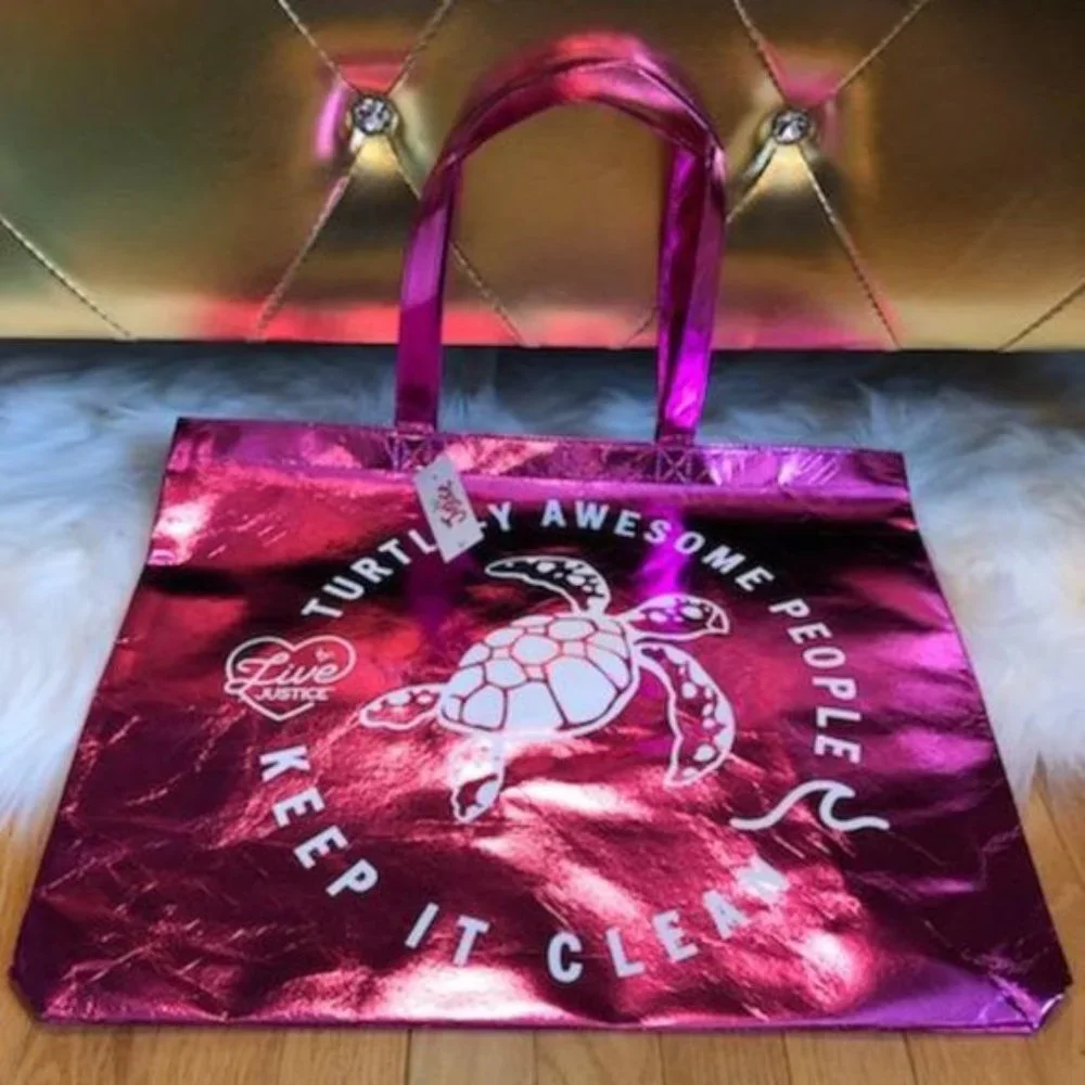 One (1) Justice Large Reusable Pink Turtle Shopping Bag